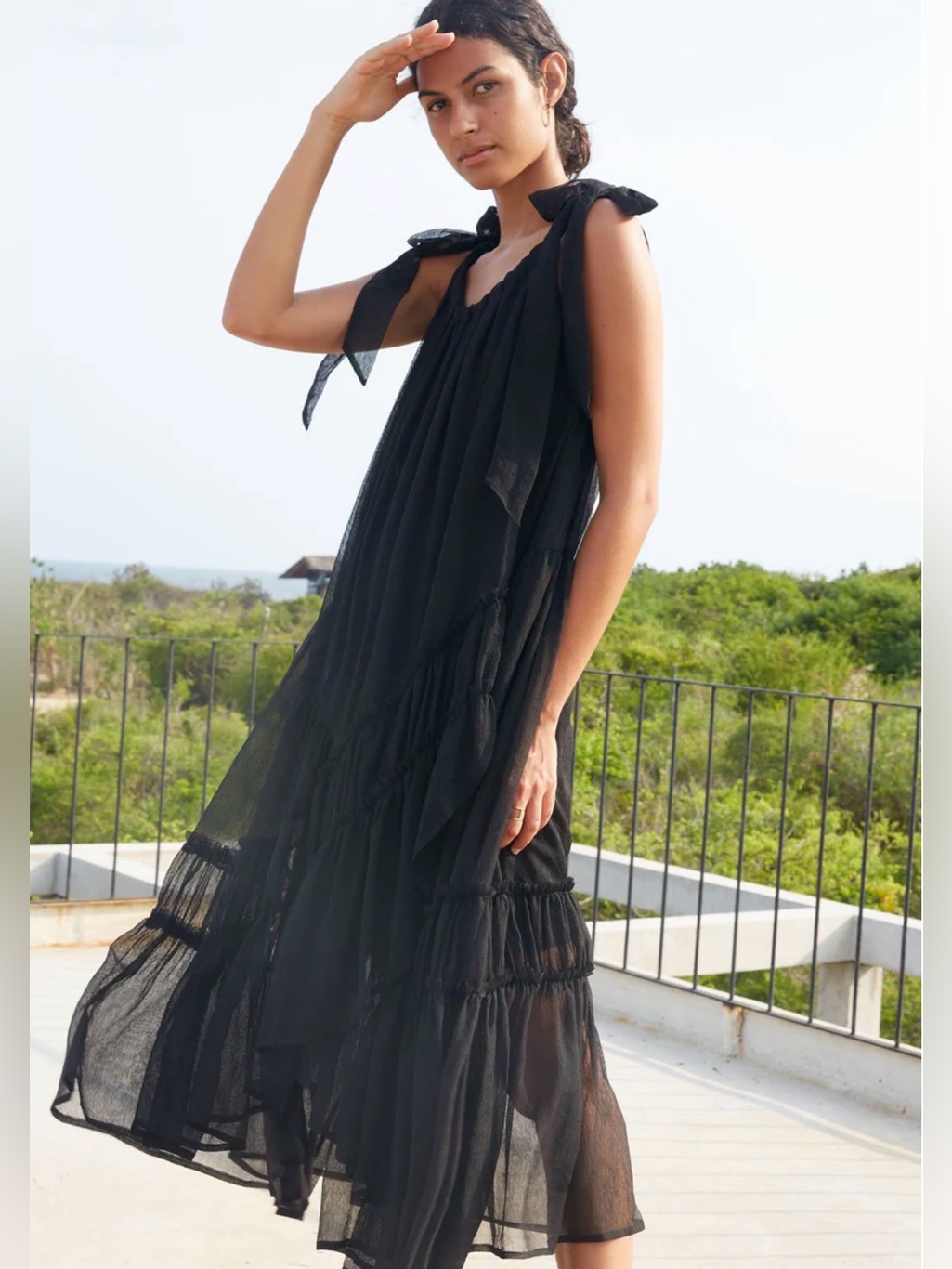 Lovestitch Smoke & Mirrors Dress - Black Tie-Shoulder Tiered Maxi